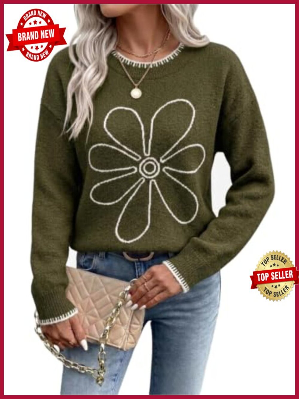 Oversized Floral Crew Neck Sweater Long Sleeve Pullover Women's Fall Winter